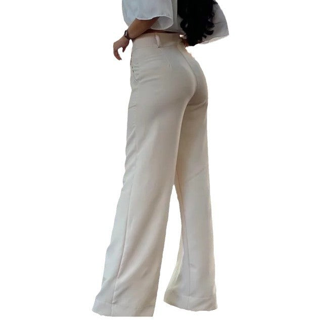 Women Fashion Casual Solid Color High Waist Wide Leg Pants