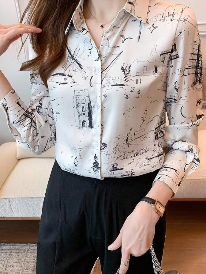 Blusa informal con solapa y estampado de rayas para mujer