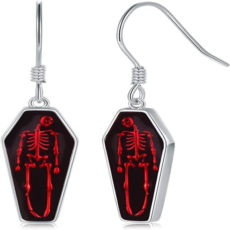 Pendientes de calavera roja con diseño gótico de ataúd para Halloween para mujer