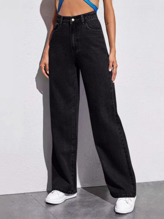 Women Fashion Casual Solid Color High Waist Jeans
