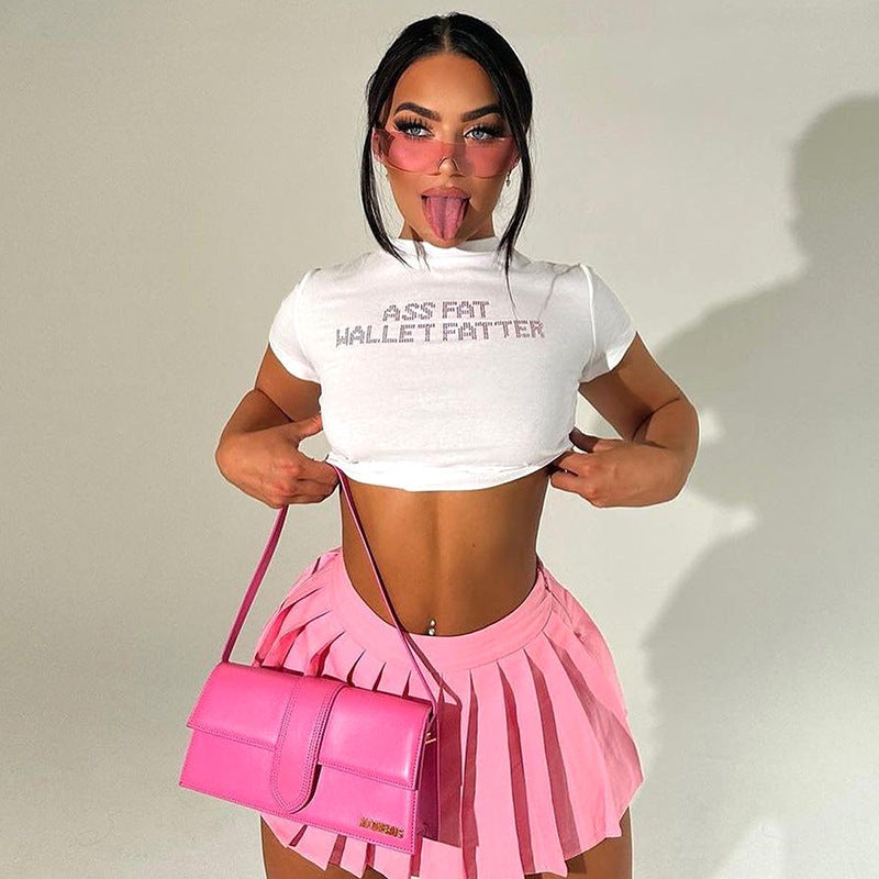 Sexy Women's Short-Sleeved Rhinestone Crop T-Shirt