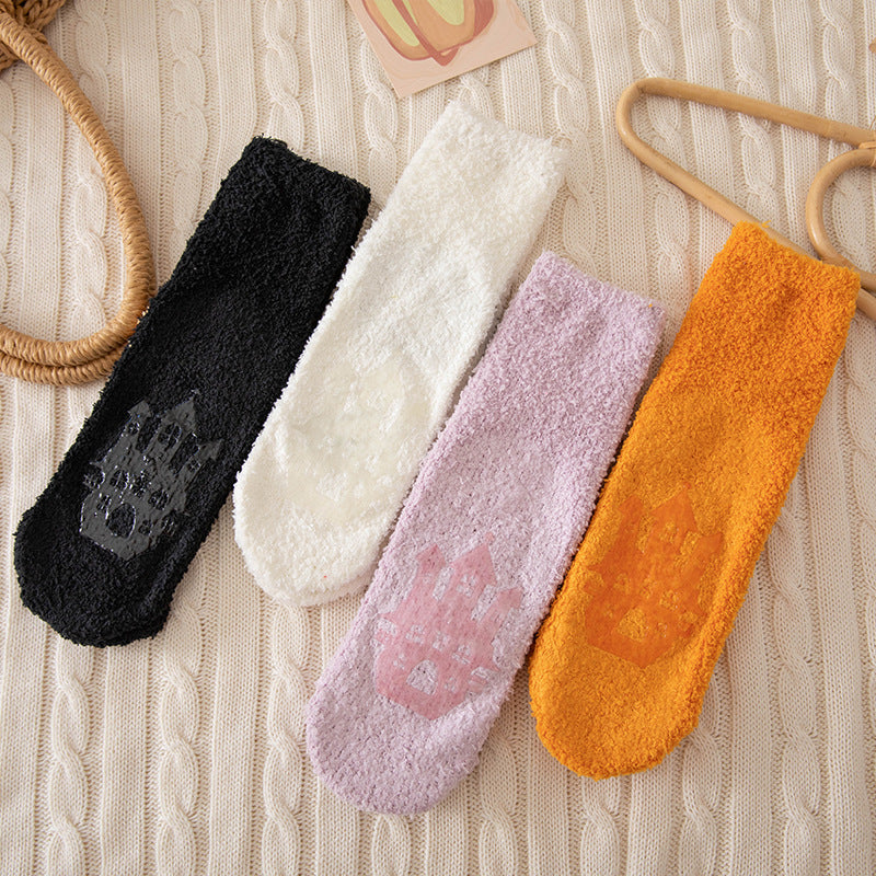 Calcetines unisex de Halloween con diseño de murciélago fantasma y forro polar coral