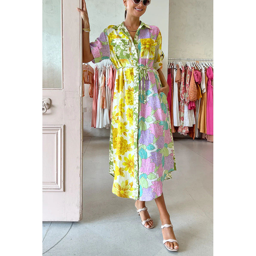 Robe longue à fleurs et poches à lacets pour femme