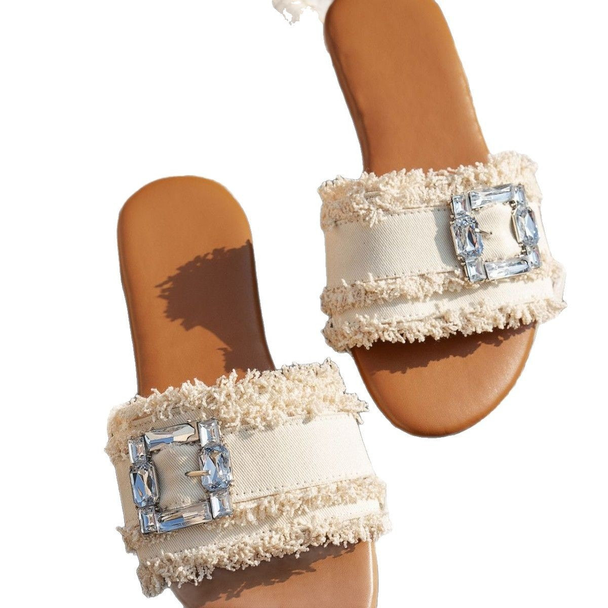 Pantuflas planas informales con hebilla cuadrada y diamantes de imitación para mujer