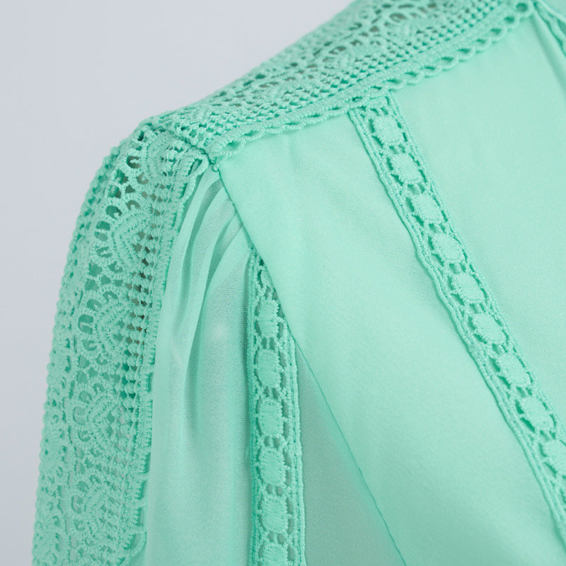 Stand Collar Stitching Lace Hollow Button Maxi Dress