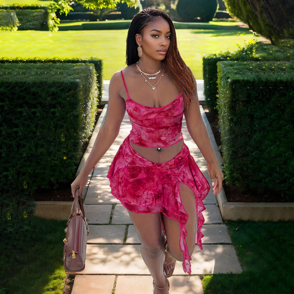 Women Fashion Sexy Tie-Dye Mesh Camisole Skirt Set