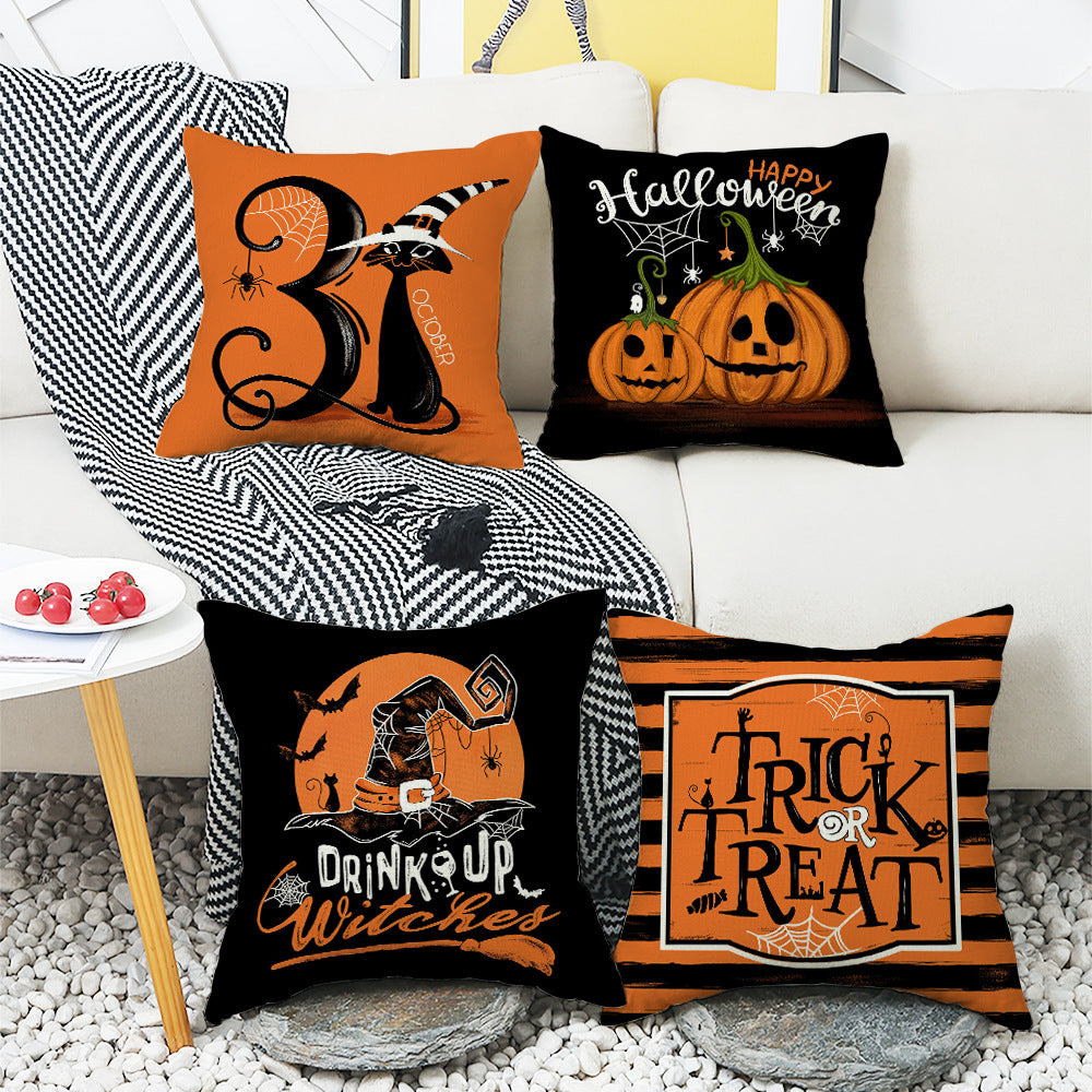 Halloween Cartoon Pumpkin Cat Witch Hat Sofa Cushion Cover
