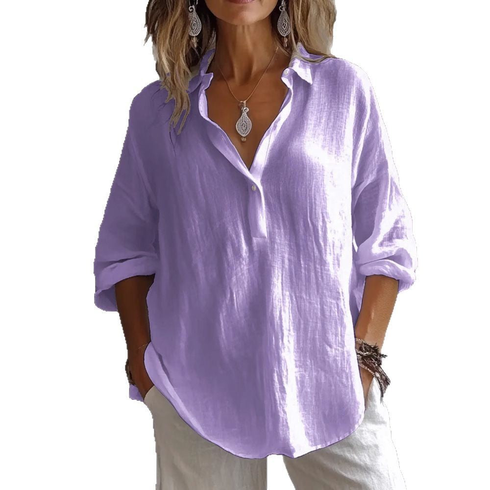 Chemisier à manches longues et col en V pour femme, couleur unie, coupe ample et décontractée, en coton et lin