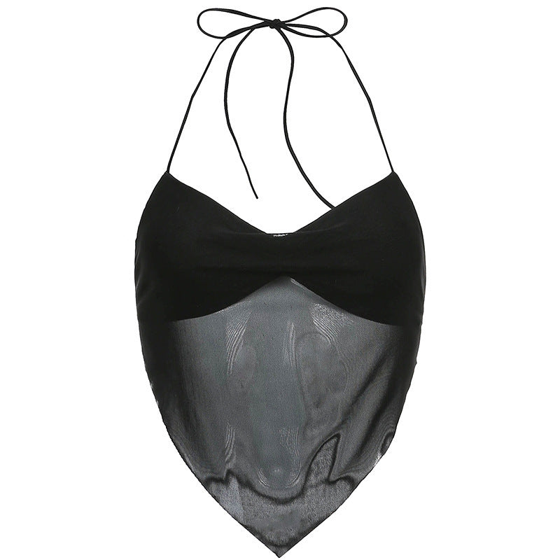 Women Fashion Sexy Pleated Mesh Halter-Neck Camisole