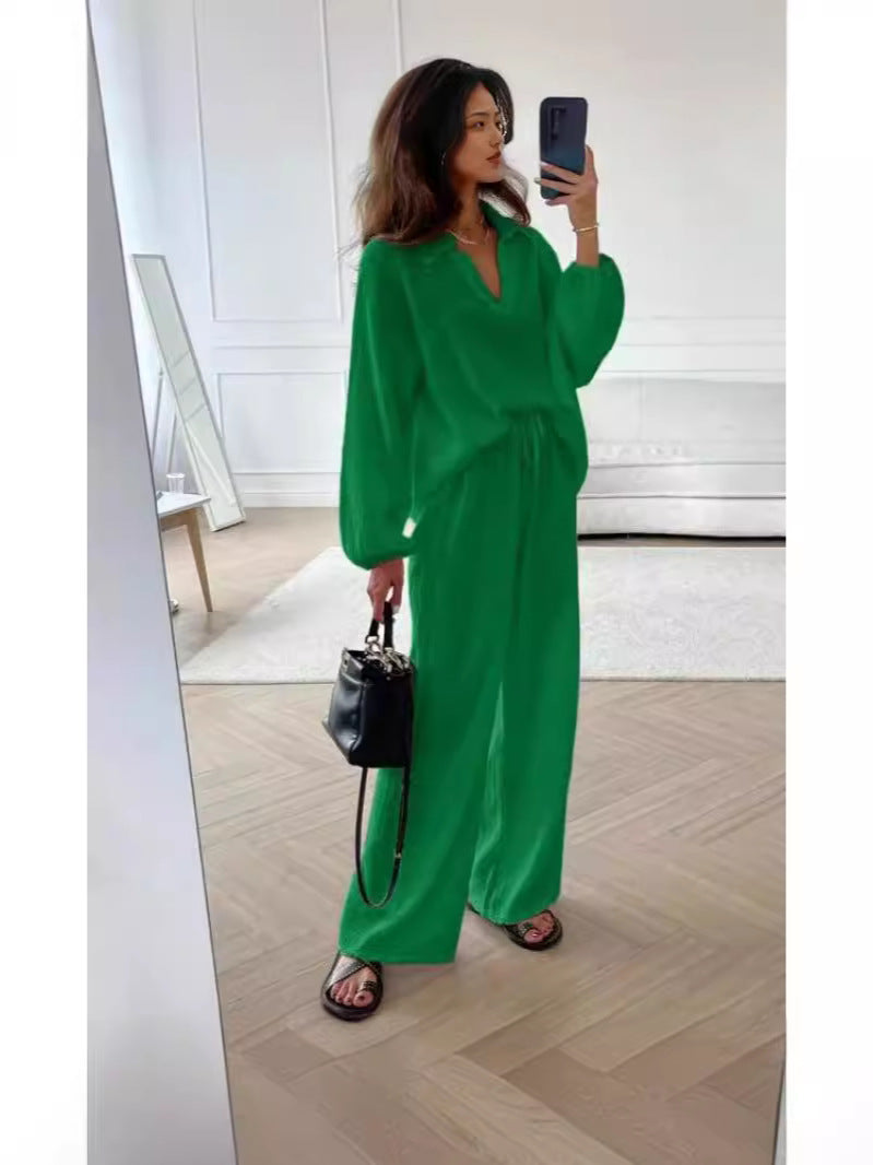 Ensemble deux pièces à col en V et couleur unie pour femme