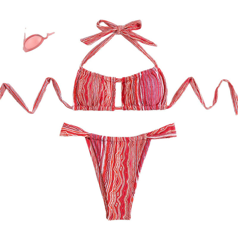 Bikini plisado con estampado multicolor sexy para mujer