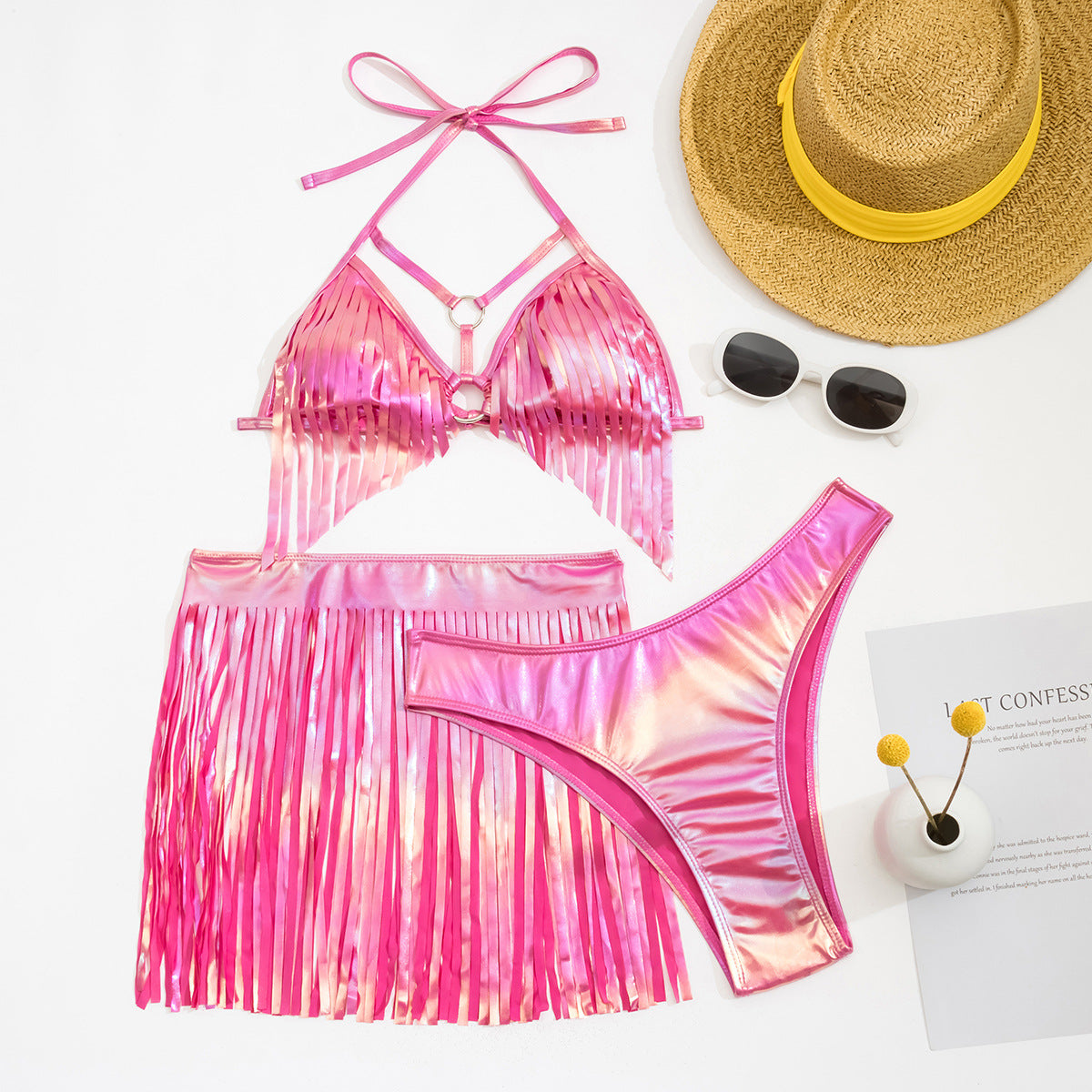 Conjunto de bikini de tres piezas con borlas sexy para mujer