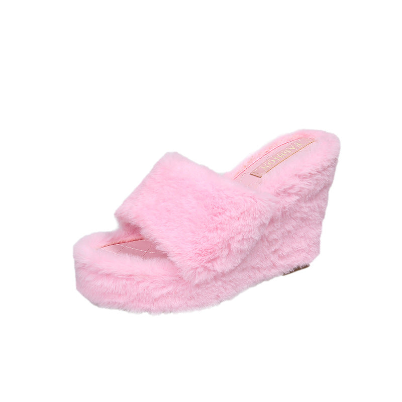 Sandales compensées décontractées en peluche pour femmes avec bout rond