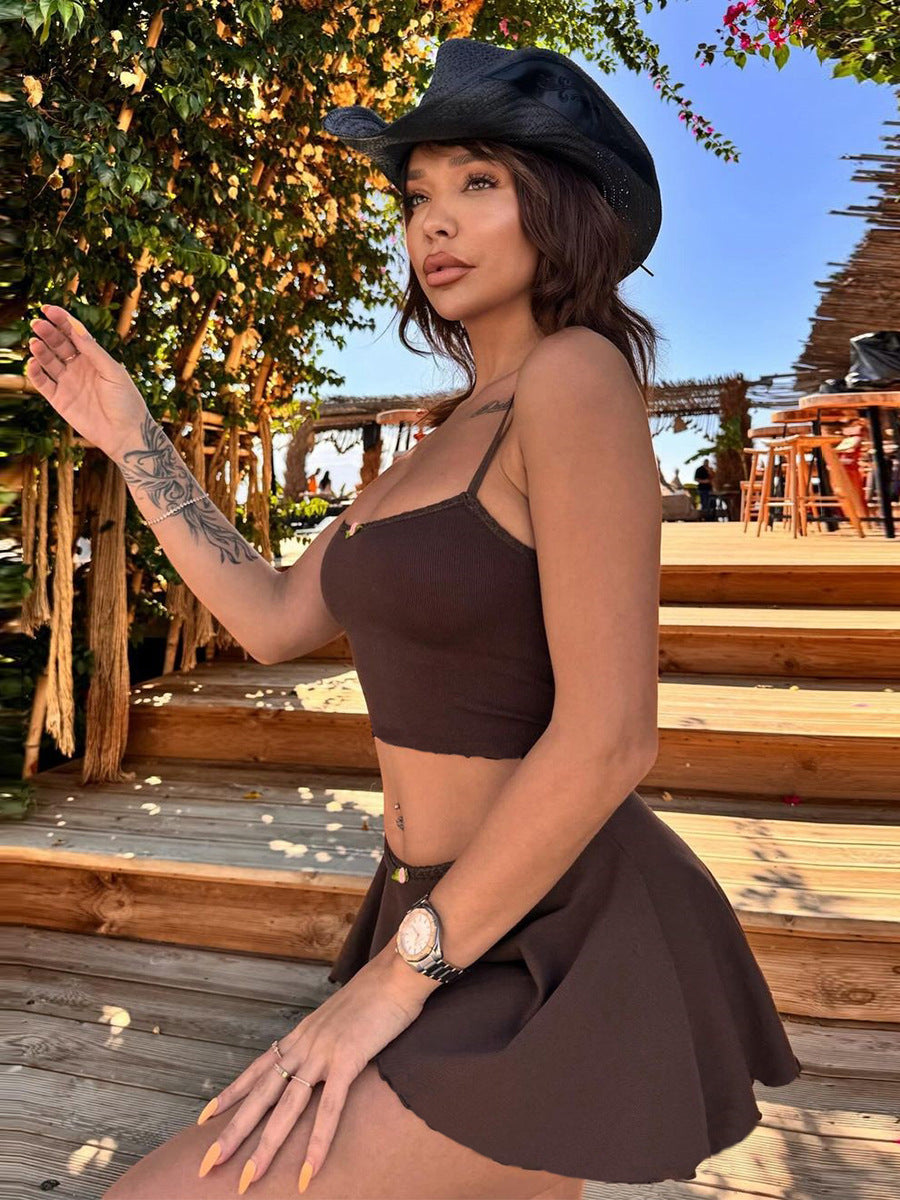Women Fashion Sexy Solid Color Backless Camisole Set