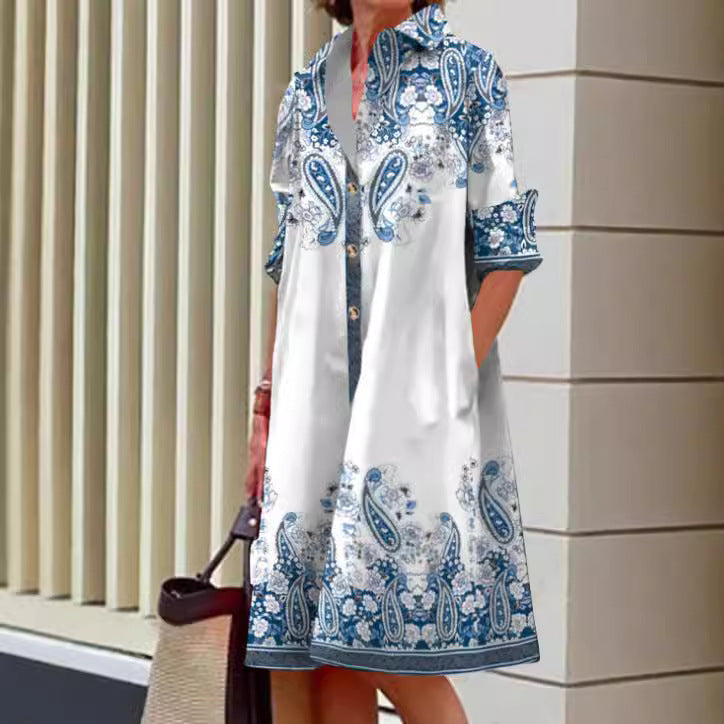 Vestido informal de manga larga con solapa y estampado para mujer