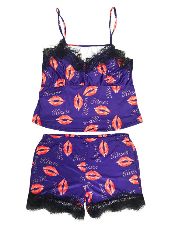 Women Cozy Heart Love Printed Lace Satin Pajamas Two-Piece Set