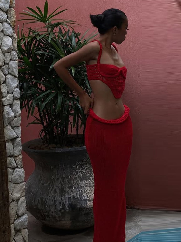Ensemble haut court et jupe tricotés de couleur unie pour femmes