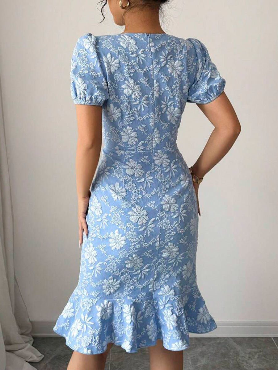 Women Fashion Elegant Flower Jacquard Short Sleeve Dress