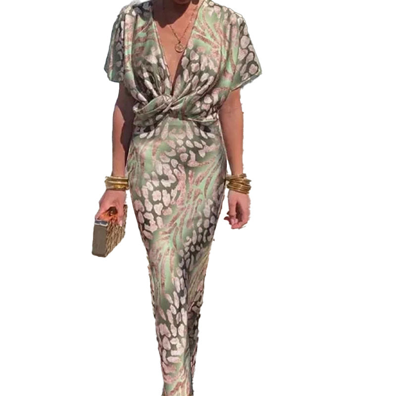 Vestido elegante con escote en V y estampado de cintura definida para mujer