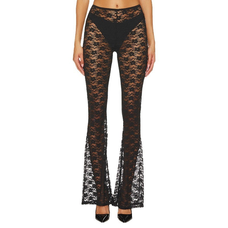 Pantalones acampanados de encaje transparente para mujer