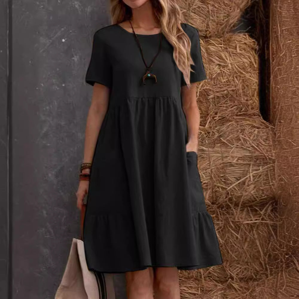 Vestido informal holgado de lino y algodón con cuello redondo para mujer