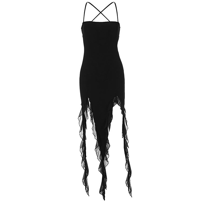 Vestido sexy de malla con volantes irregulares para mujer