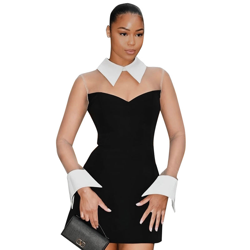 Vestido sexy de manga larga con solapa y costuras de malla para mujer