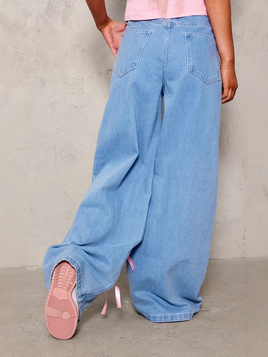 Vaqueros de pierna ancha con lazo suelto y creativo para mujer, estilo urbano de algodón y mezclilla