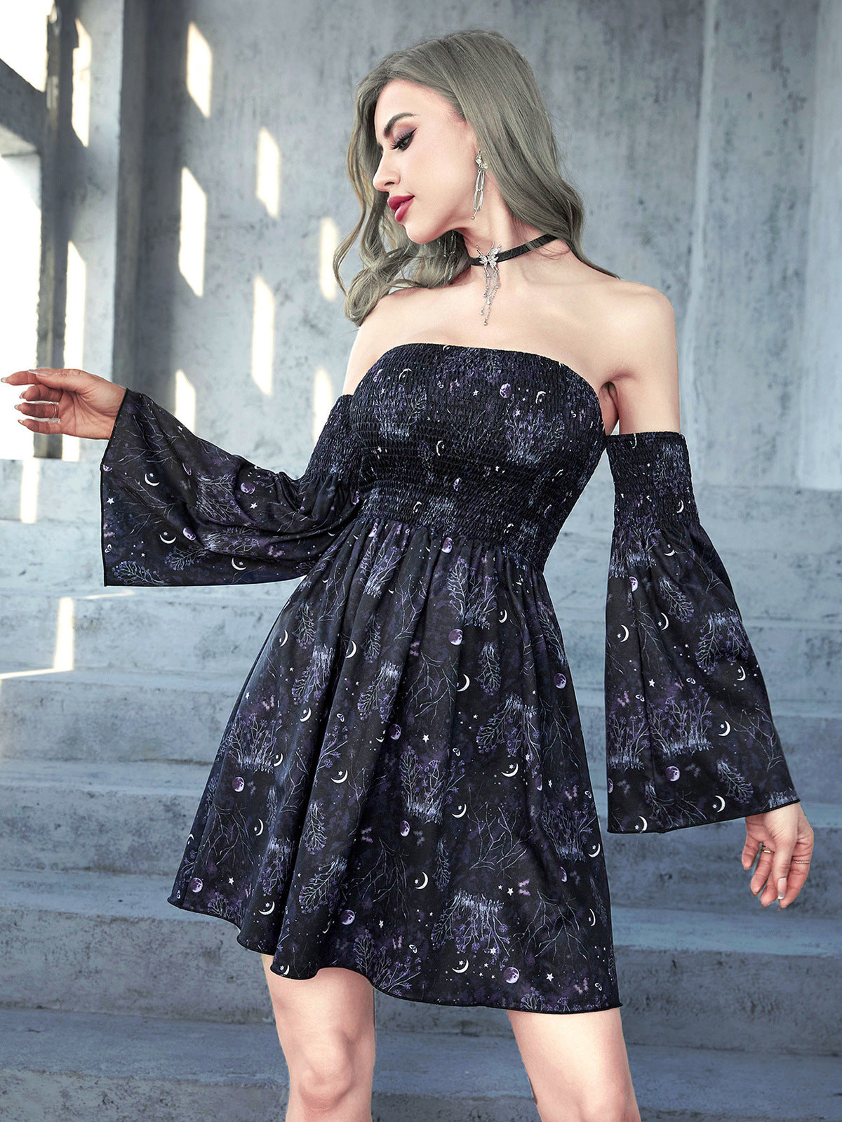 Robe sexy à épaules dénudées et imprimé gothique pour femme