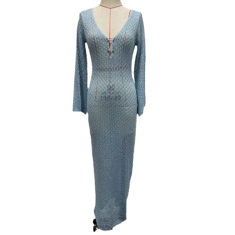 Vestido playero de punto con cuello en V para mujer, ideal para el tiempo libre en verano