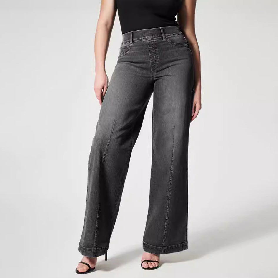 Women Fashion Casual Solid Color Loose Wide Leg Jeans