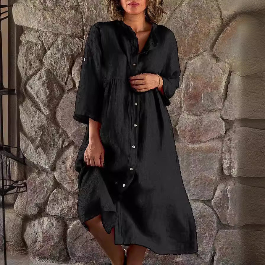 Summer Women Casual Solid Color Button Dress