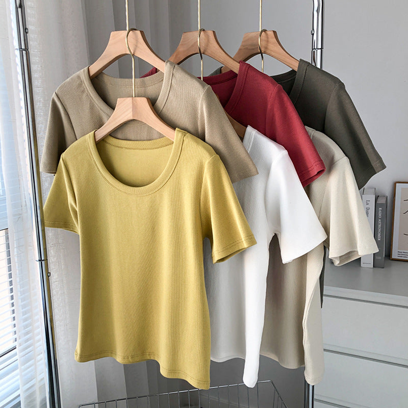 Fashion Basic Women Solid Color Rib-Knit Short Sleeve Blank T-Shirt