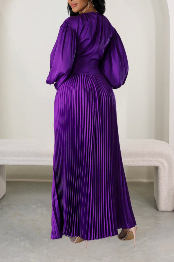 Vestido largo plisado de color liso con cuello redondo para mujer