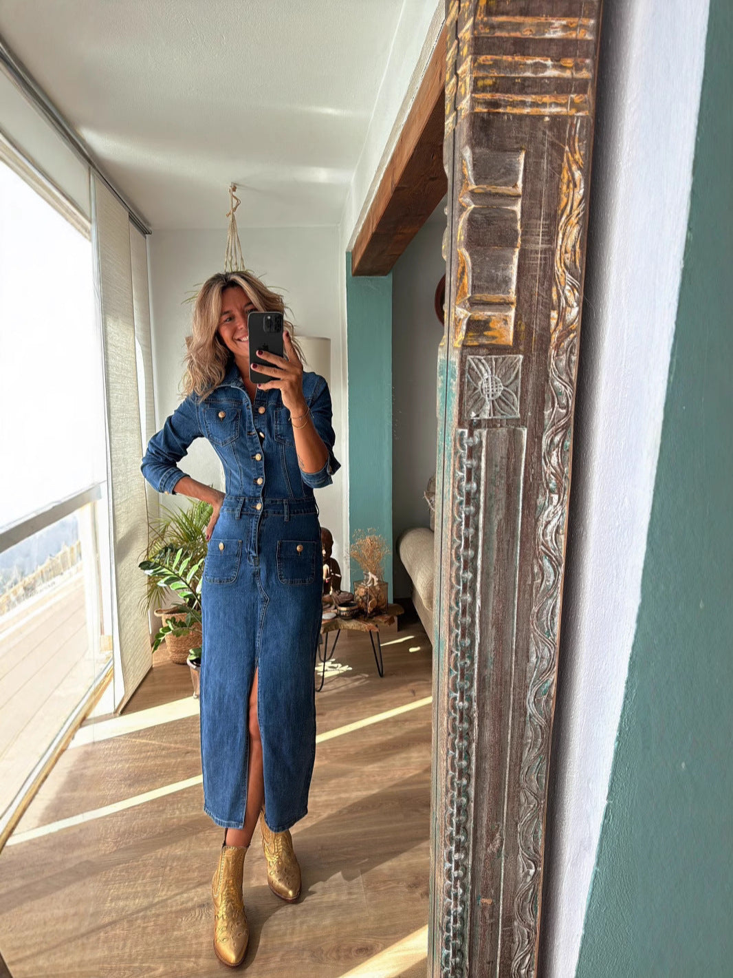 Vestido vaquero informal de manga larga para mujer