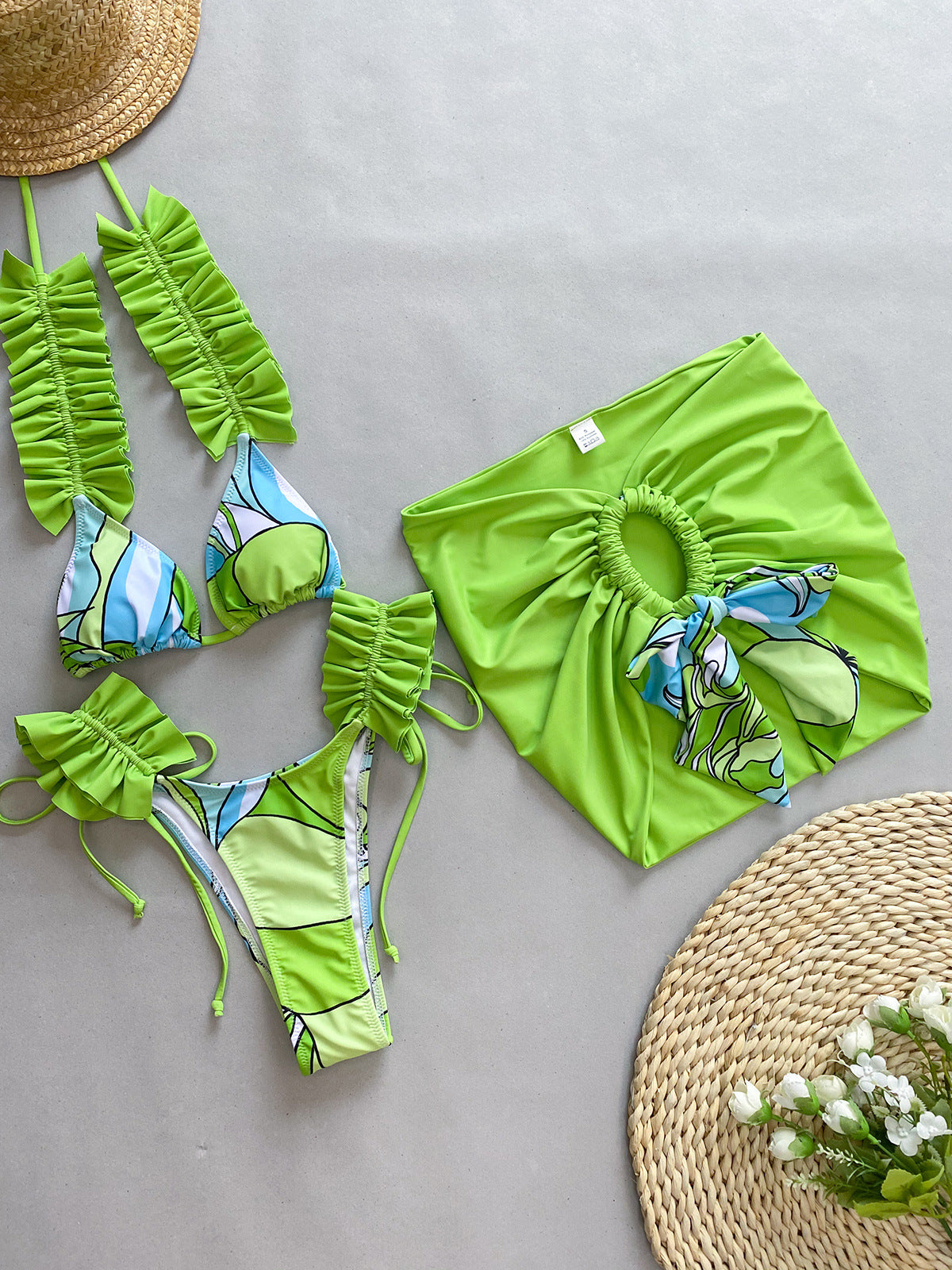 Conjunto de tres piezas para mujer, traje de baño con volantes para vacaciones de verano