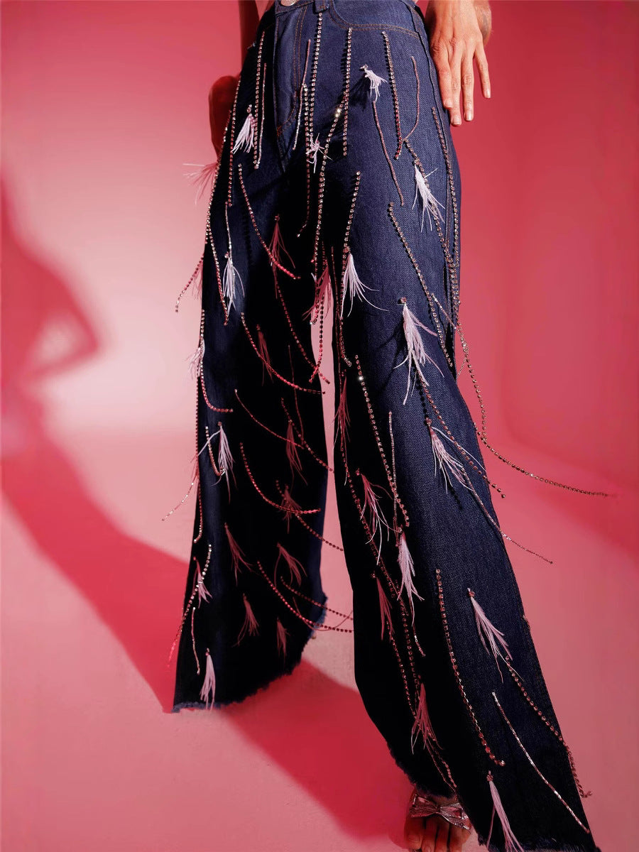 Women Fashion Feather Tassel Split Jeans