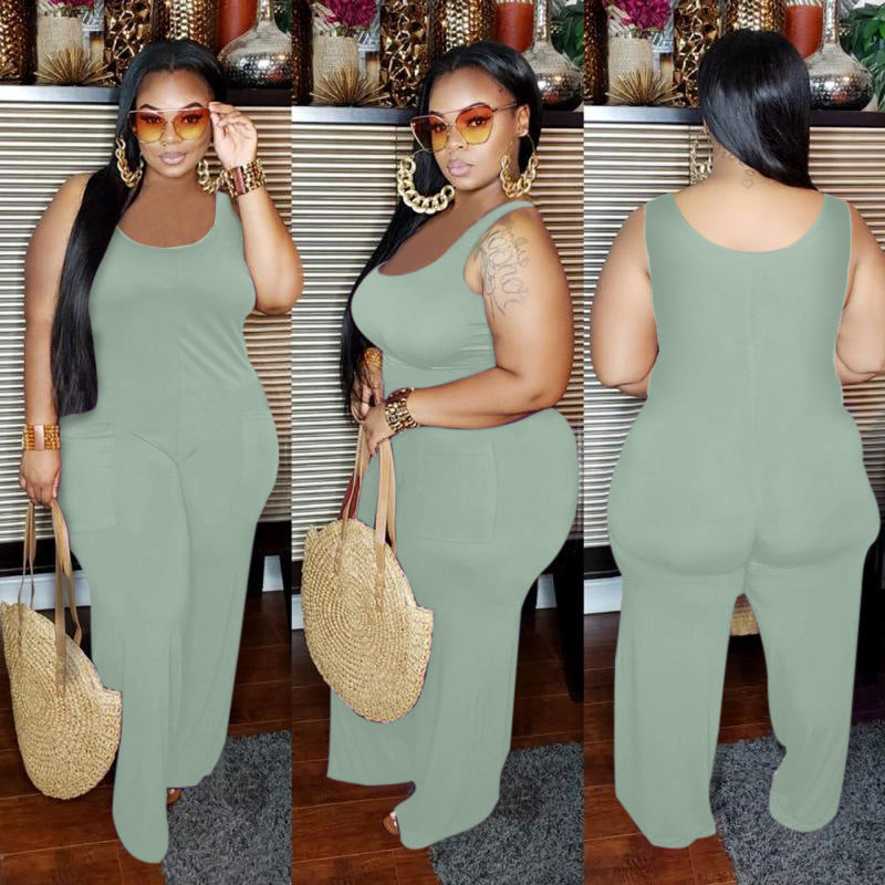 Women Plus Size Solid Color Sleeveless Jumpsuit