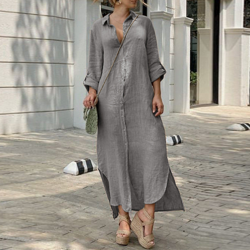 Robe chemise décontractée en coton et lin pour femme, respirante, pour l'été