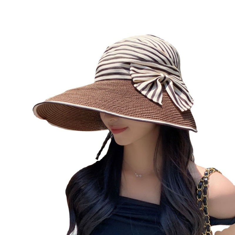 Sombrero de paja tejido con lazo a rayas para mujer, moda de verano