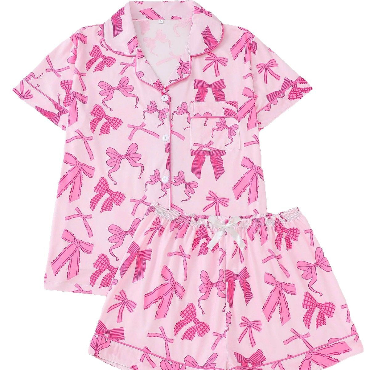Women Pink Bow Print Lapel Short Sleeve Pajamas