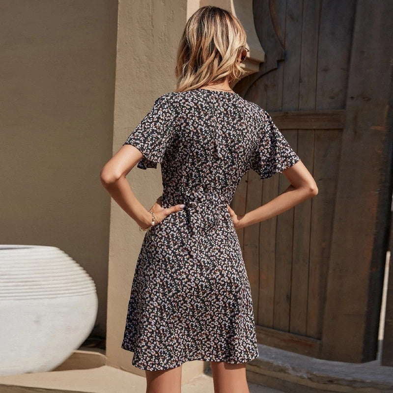 Vestido bohemio vintage con estampado floral y cuello en V con volantes para mujer