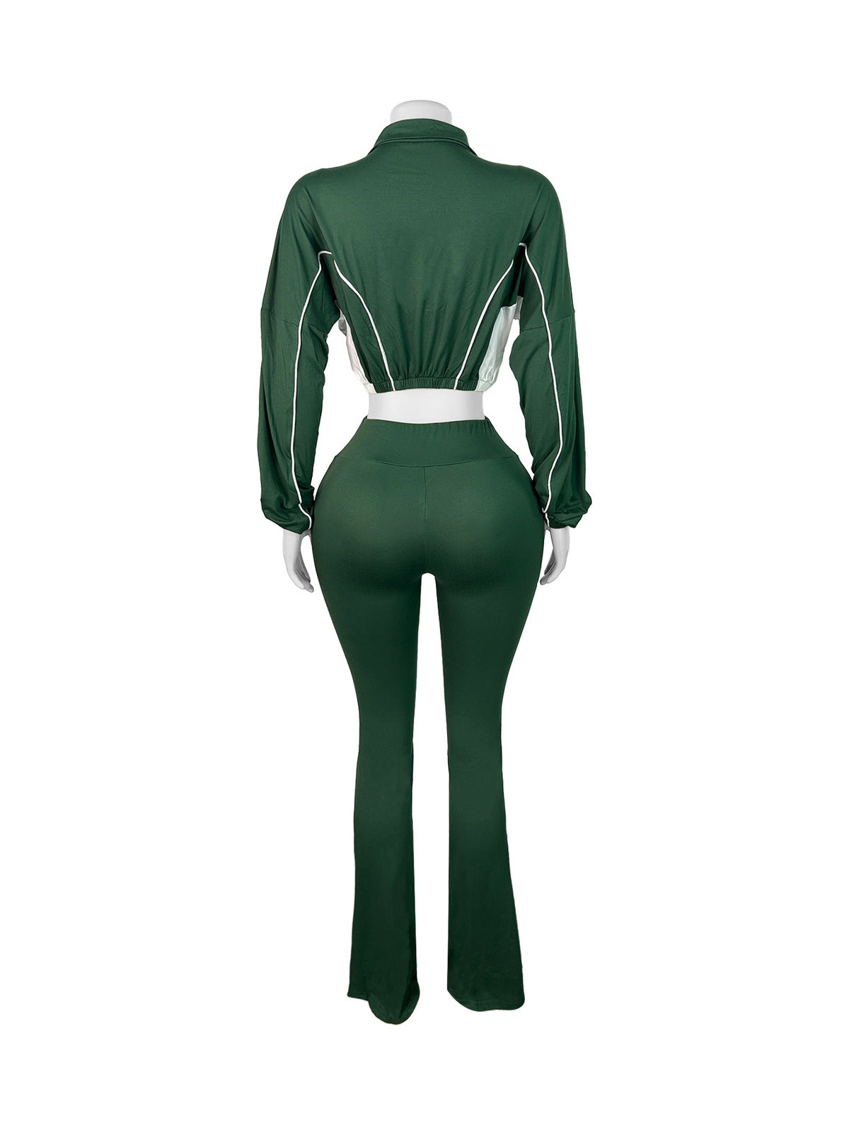 Fashion Women Double Stitching Contrast Color Zipper Crop Top and Wide-Leg Pants Set