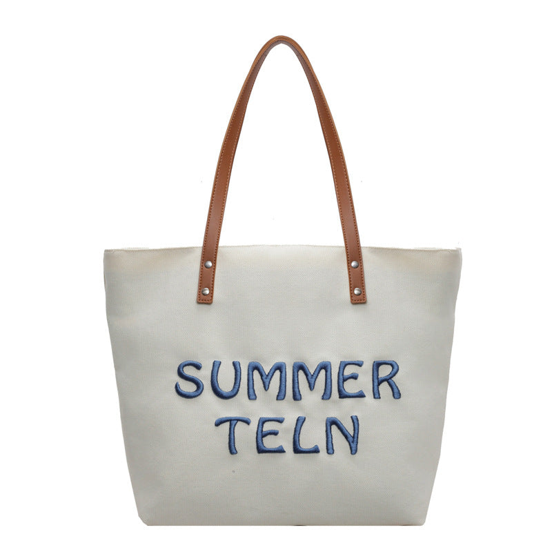 Women Fashion Embroidered Letter Canvas Tote Bag with Zipper