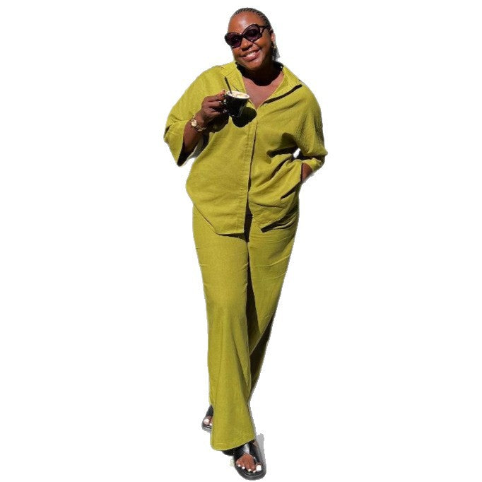 Women Fashion Casual Solid Color Lapel Button Shirt and Trousers Set