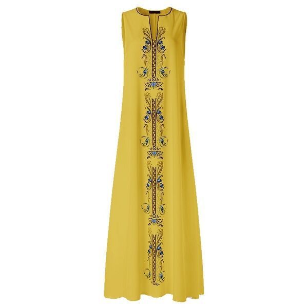 Vestido largo informal holgado con escote en V, sin mangas y estampado bohemio vintage para mujer