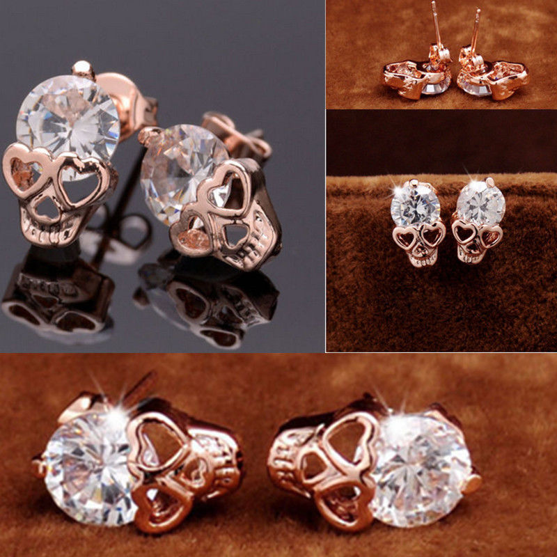Women Rose Gold Tone Crystal Skull Stud Earrings