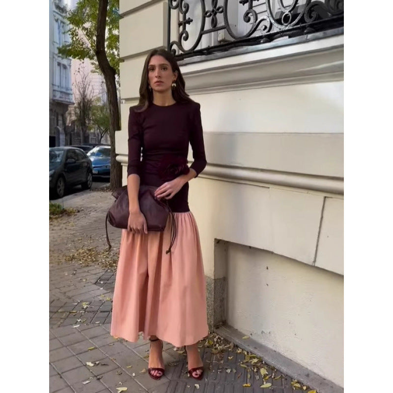 Vestido largo elegante de patchwork de manga larga a la moda para mujer