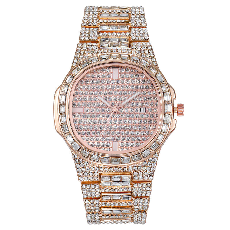 Women Fashion Rhinestone Square Dial Calendar Watch - Metal Strap