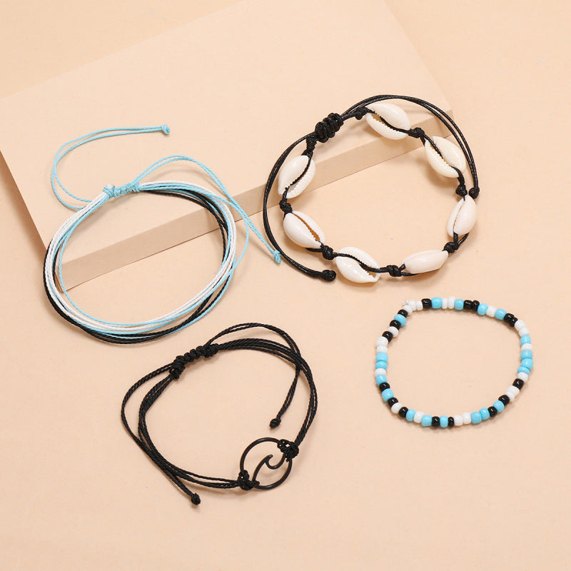 Conjunto de tobilleras multicapa con cuentas de concha y ondas bohemias
